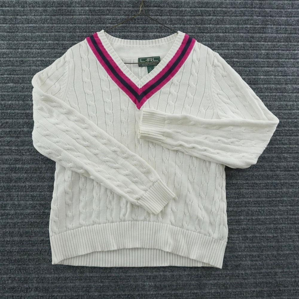 Vintage Lauren Ralph Lauren Sweater Womens XL White Cable Knit V-Neck Striped